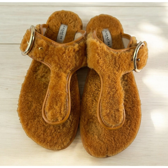 Coach Hollie Flip Flops Plush Shearling Slip On Thong Sandals Butterscotch Sz 9B - Picture 2 of 14